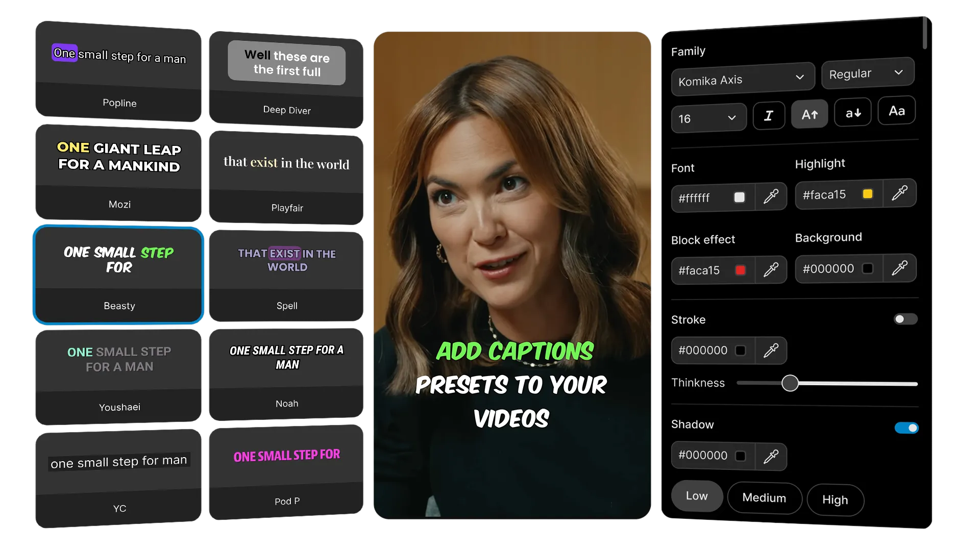 reap caption editor — 50+ animated caption style presets, video preview, and font customization panel