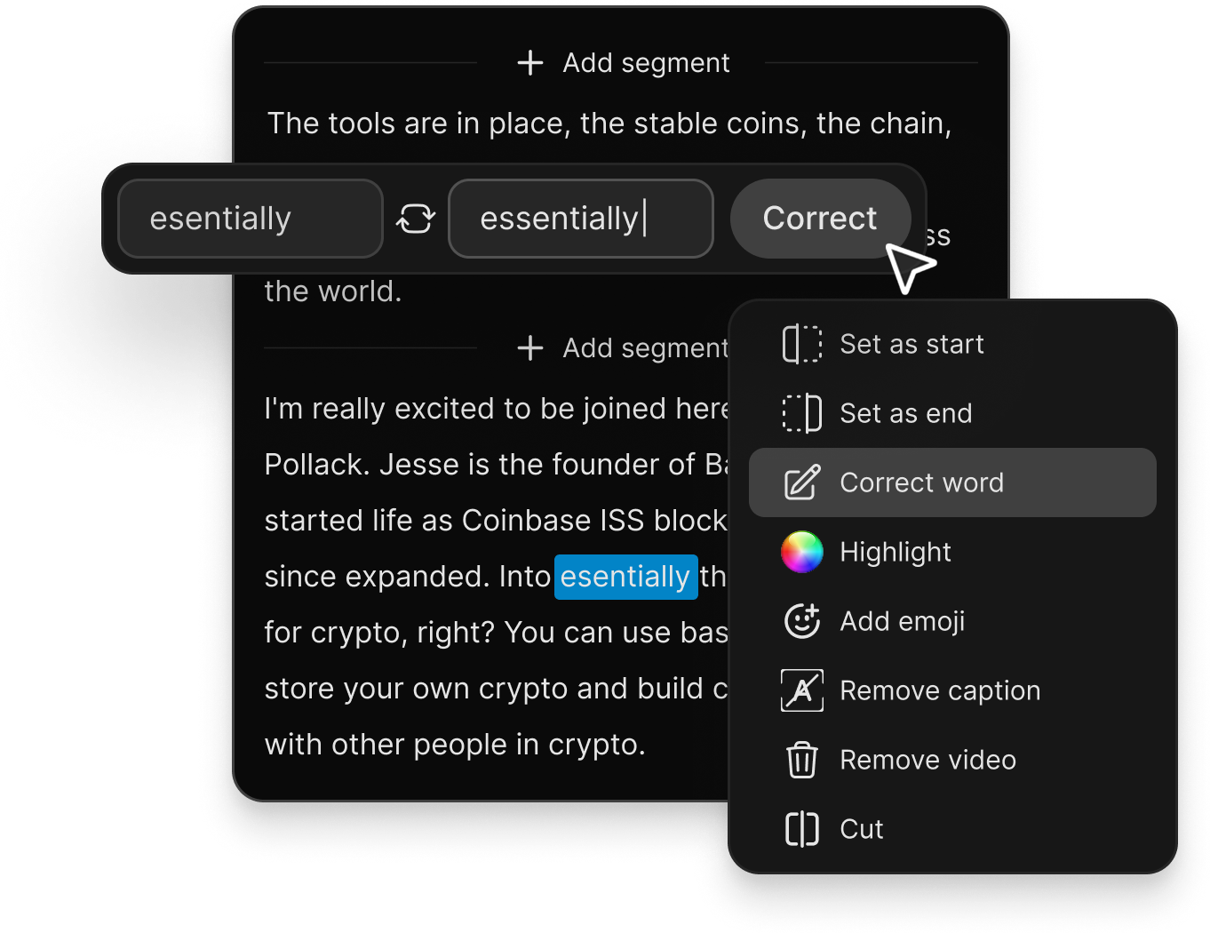 Transcript editor with word correction suggestions and context menu
