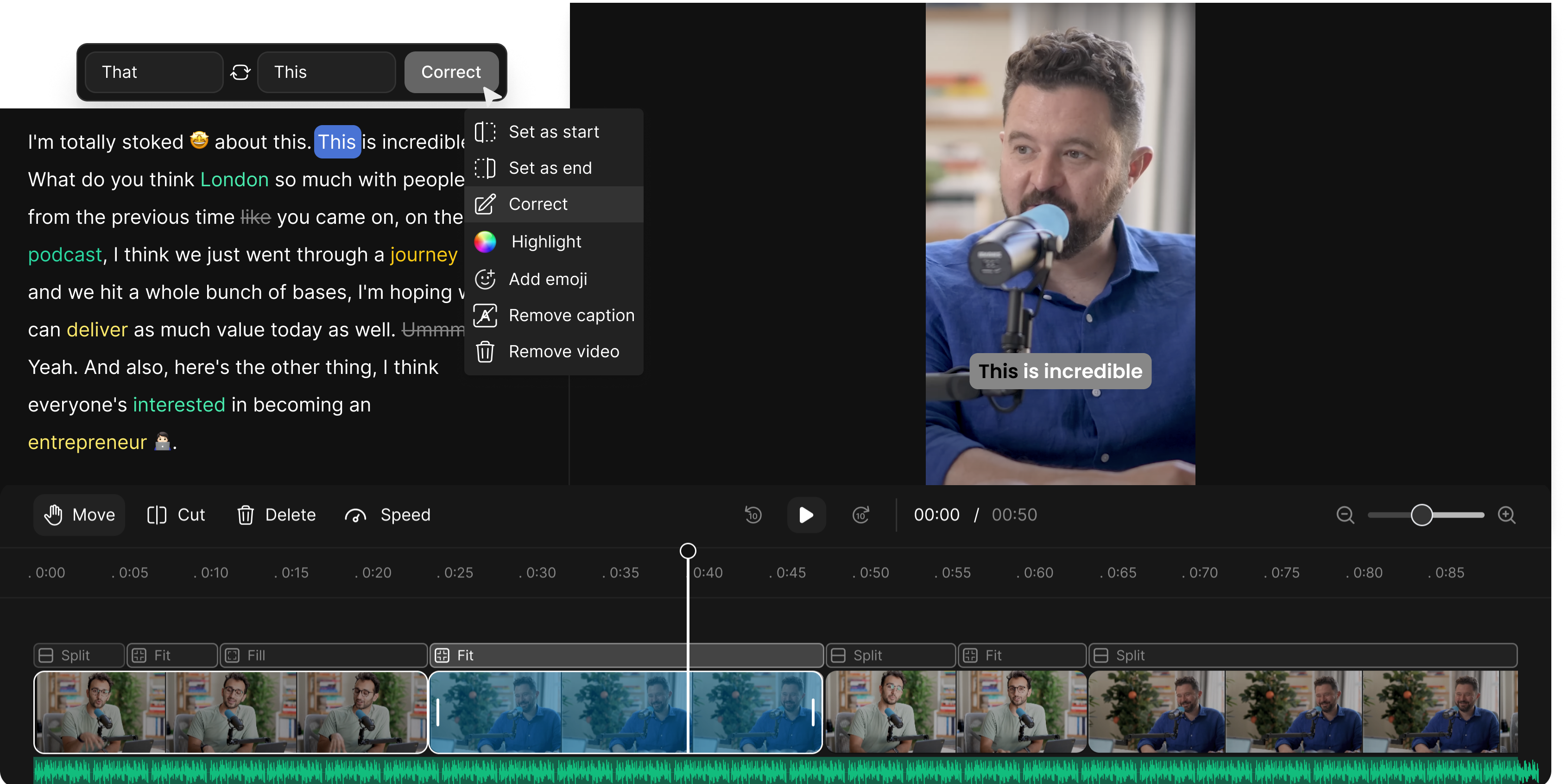 reap editor showing transcript editing, context menu, video preview with captions, and timeline