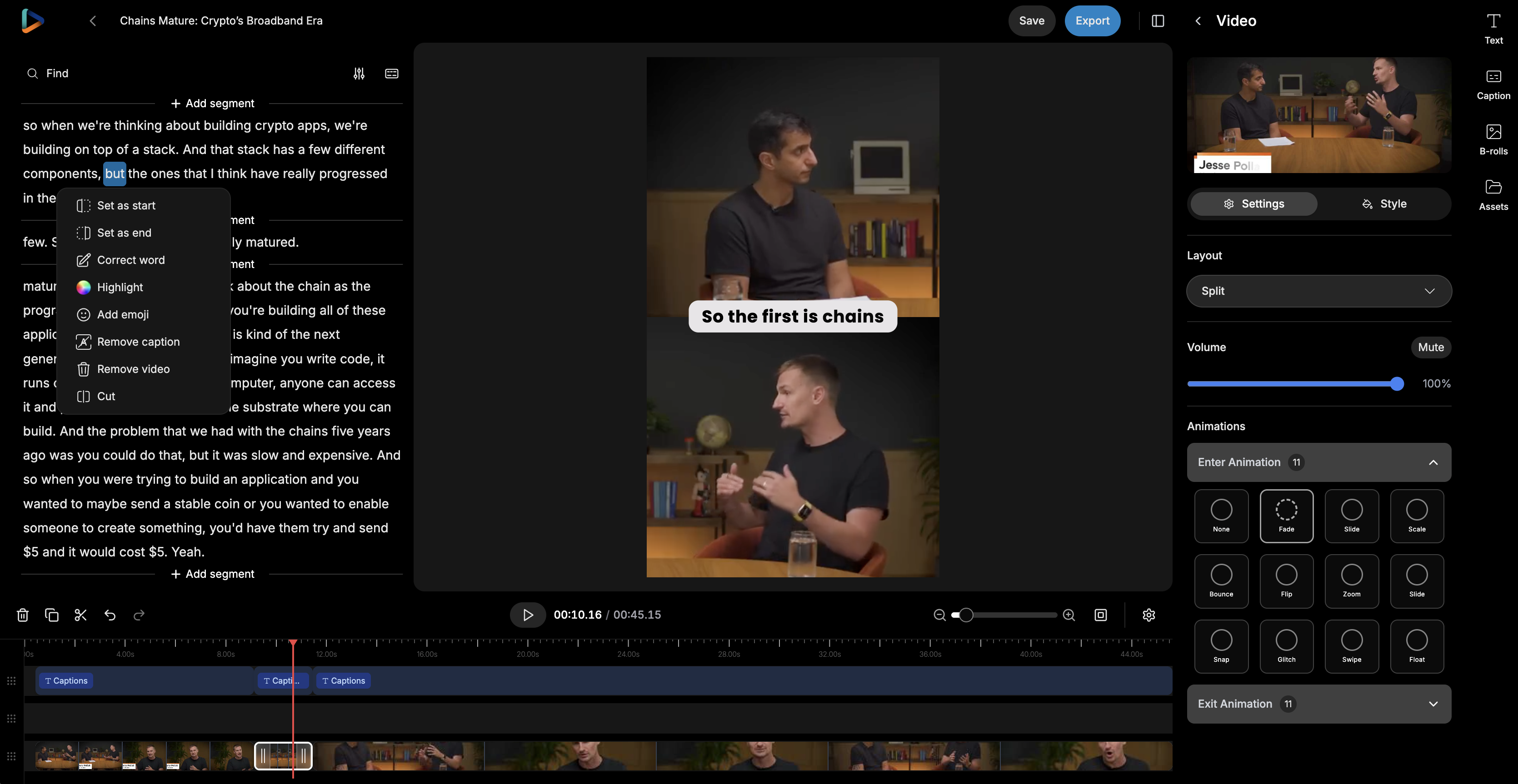reap AI video editor — transcript-based editing, video preview, context menu, B-roll panel, and timeline