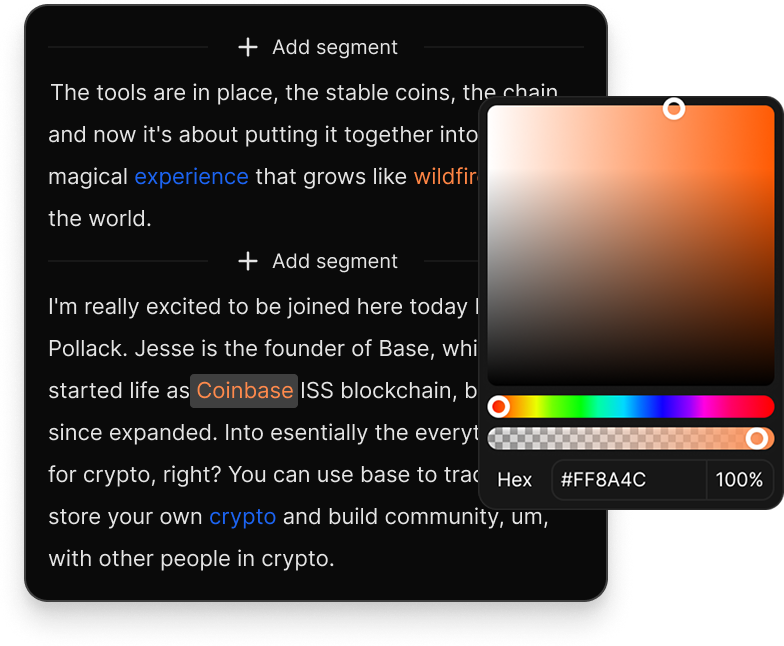 Transcript editor with keyword highlighting and color picker