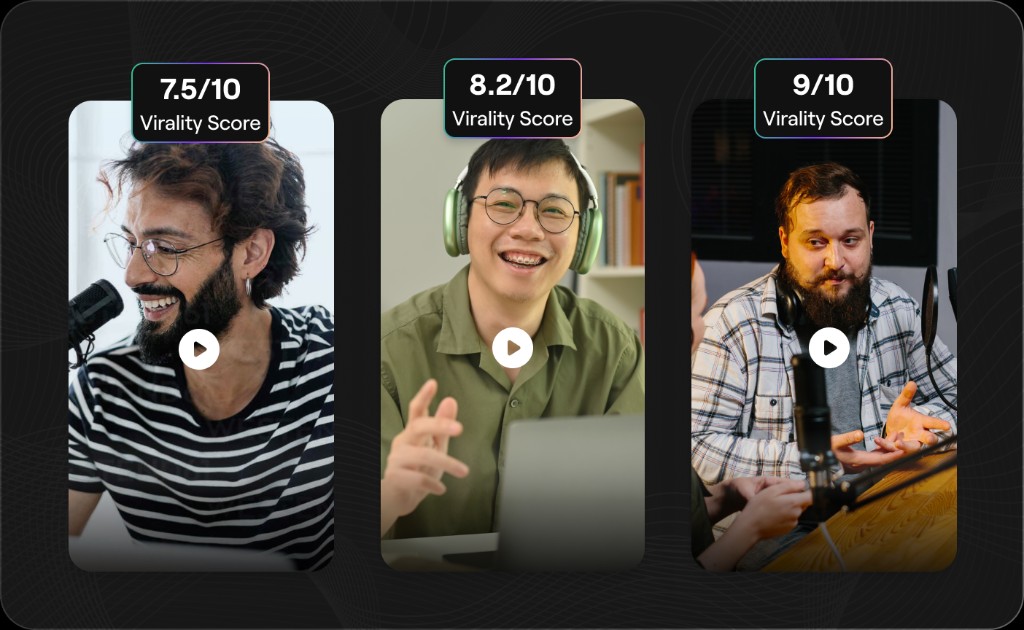 AI virality score analysis showing clips rated 7.5, 8.2, and 9 out of 10