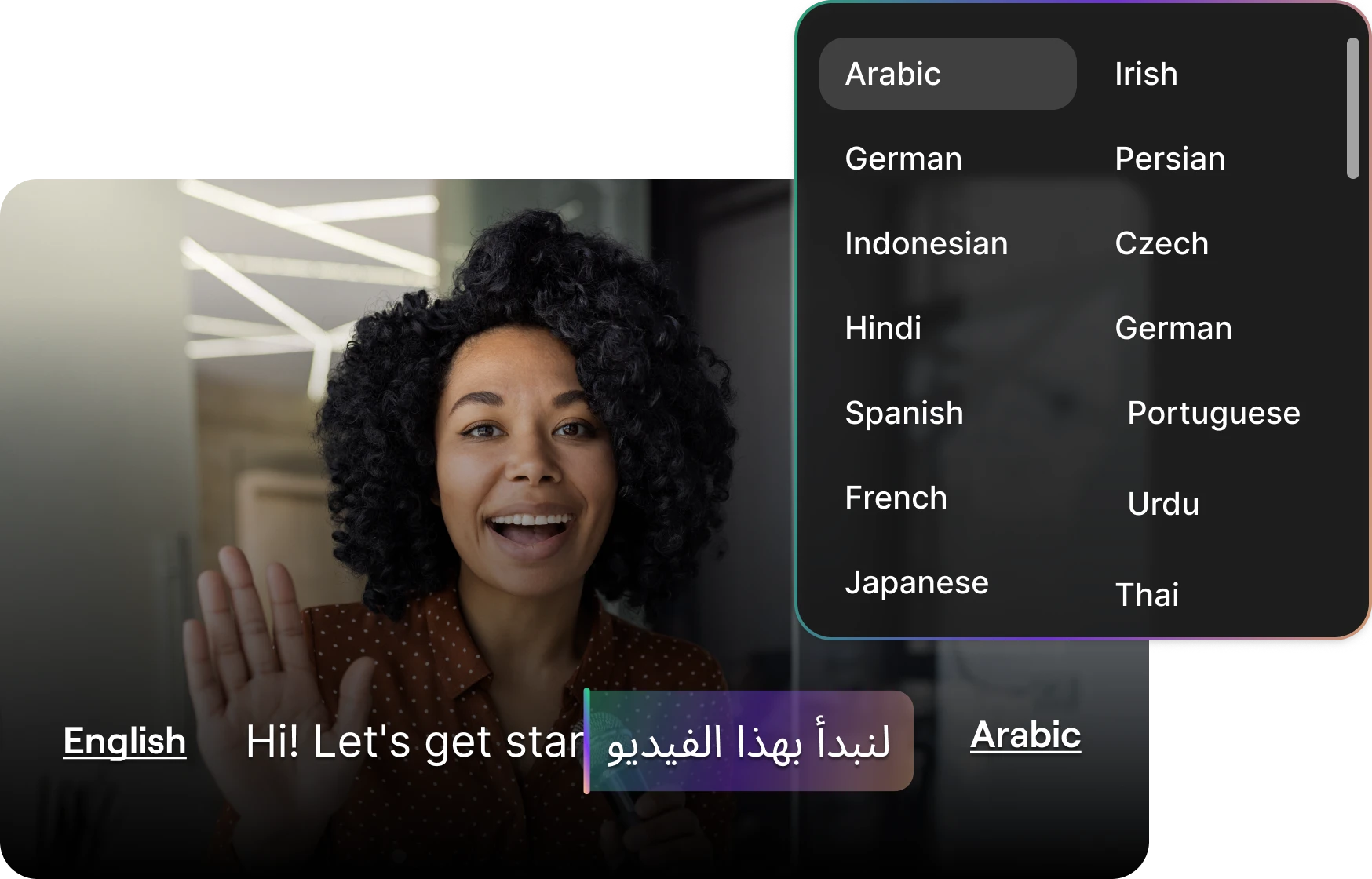 Subtitle translation with language dropdown and bilingual captions